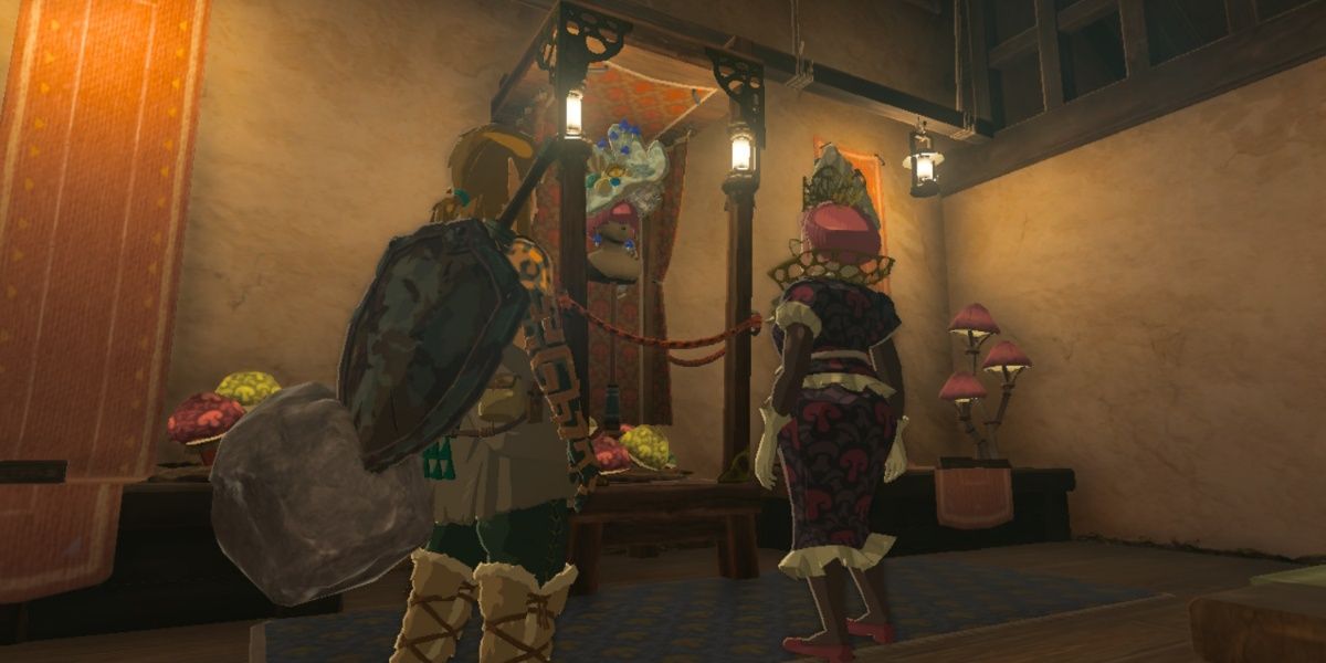 Link encontra Cece em Hateno Village (de Tears of the Kingdom)