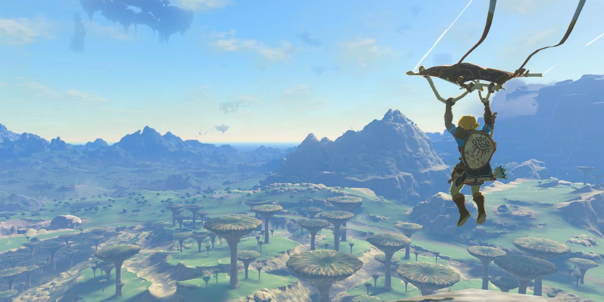 Link parapente acima de Hyrule em The Legend of Zelda: Tears of the Kingdom