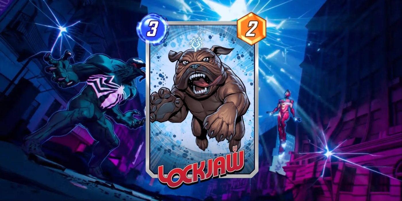 Cartão Marvel Snap de Lockjaw contra arte promocional.