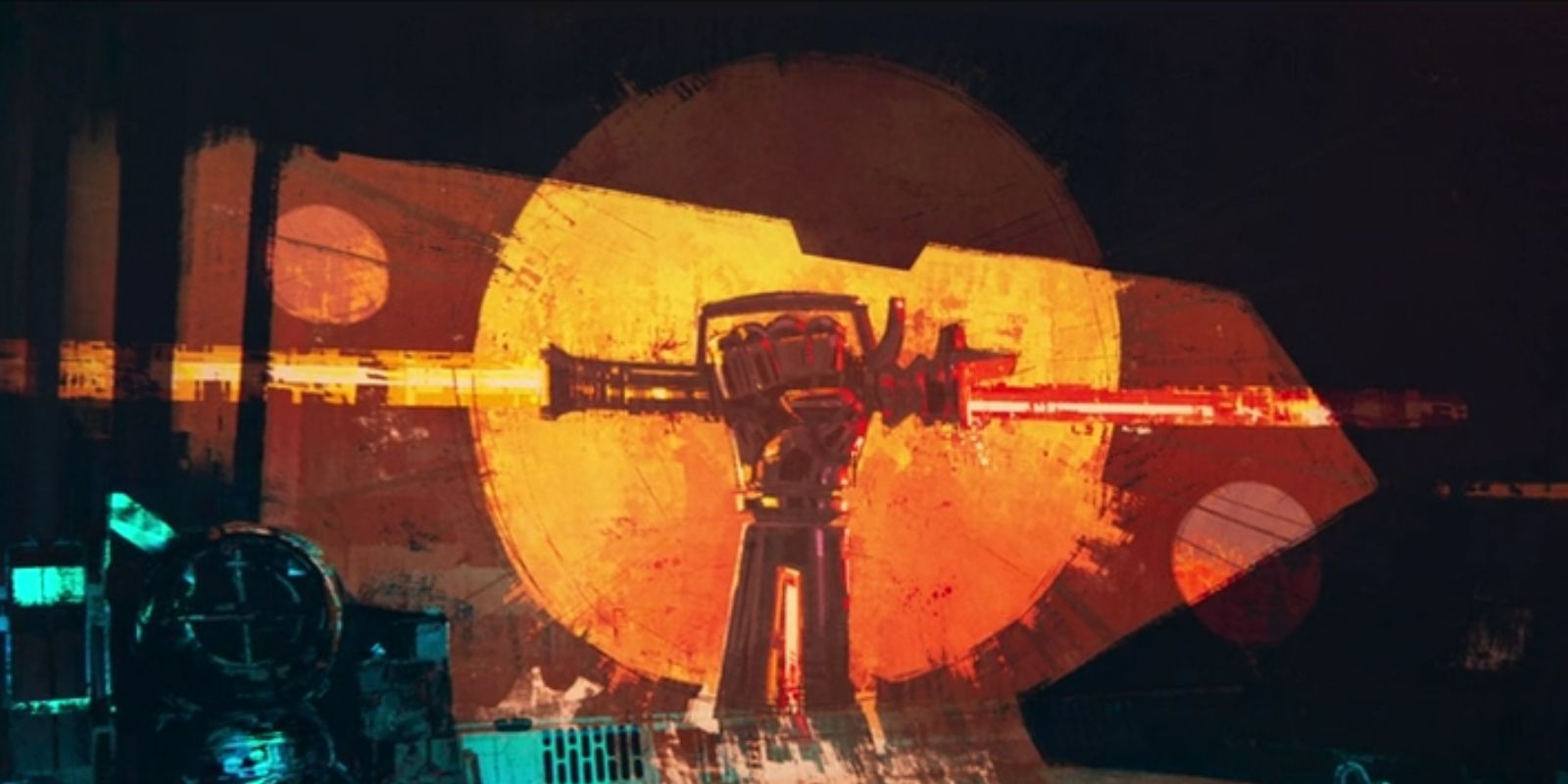 Lola's mural shows her hand holding her dual bladed lightsaber with a red and yellow blade in Star Wars Visions