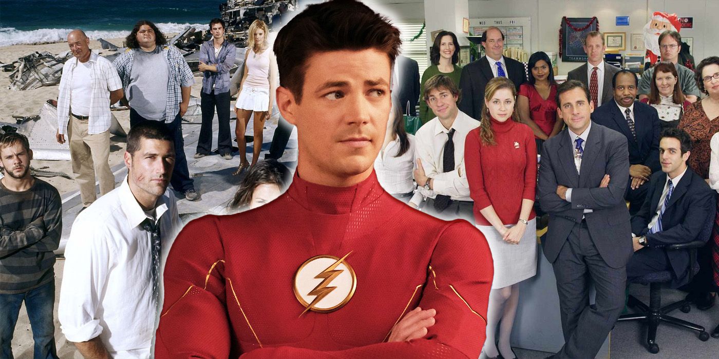 The Flash (Grant Gustin) stands between cast pictures of Lost and The Office.