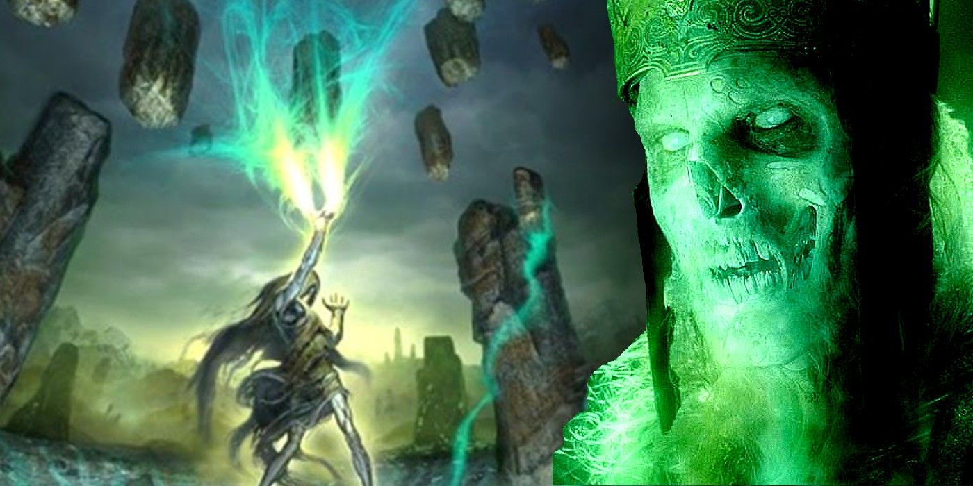 LOTR's King of the Dead in front of a Barrow-wight using magic from the War in the North video game