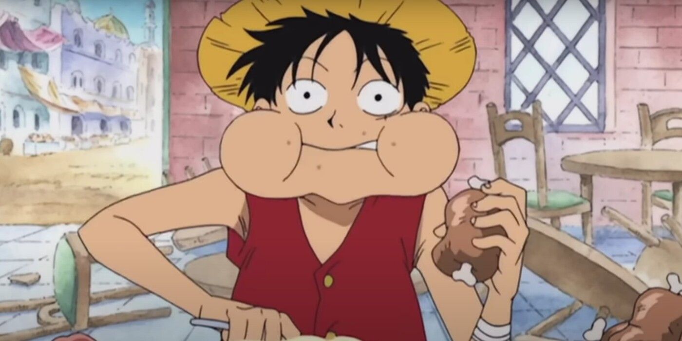Monkey D. Luffy stuffing his face with meat in one piece