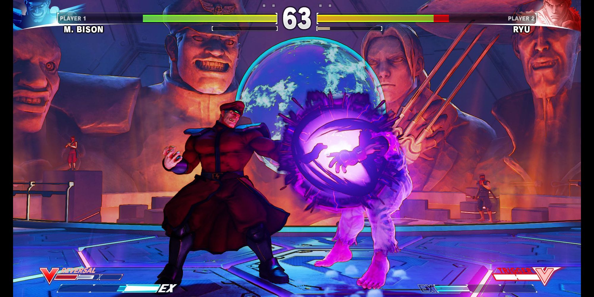 M. Bison using Psycho Blast on Ryu in the 2016 version of Street Fighter V