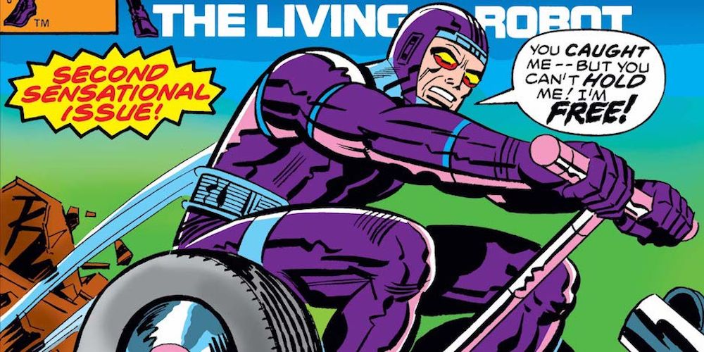 Machine Man rides a motorcycle on the cover of his comic
