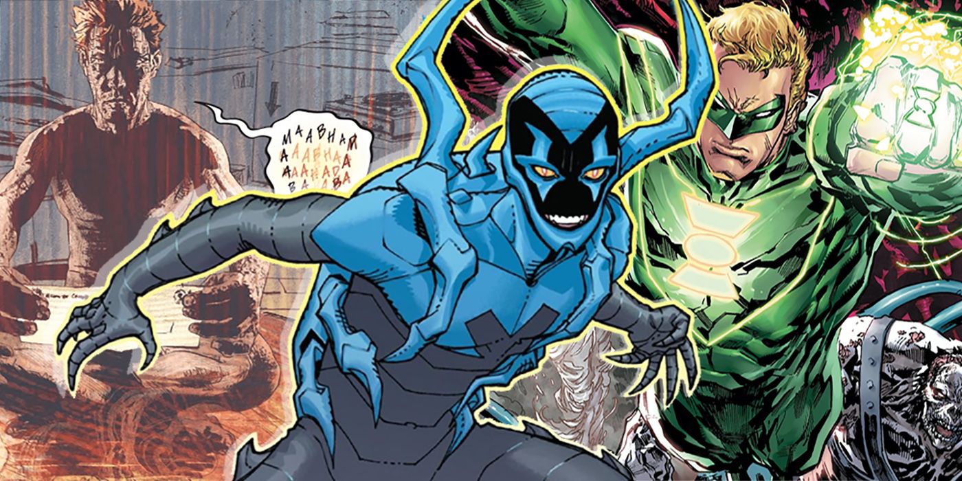 split image of Jaime Reyes Blue Beetle and Alan Scott Green Lantern using powerful DC weapons