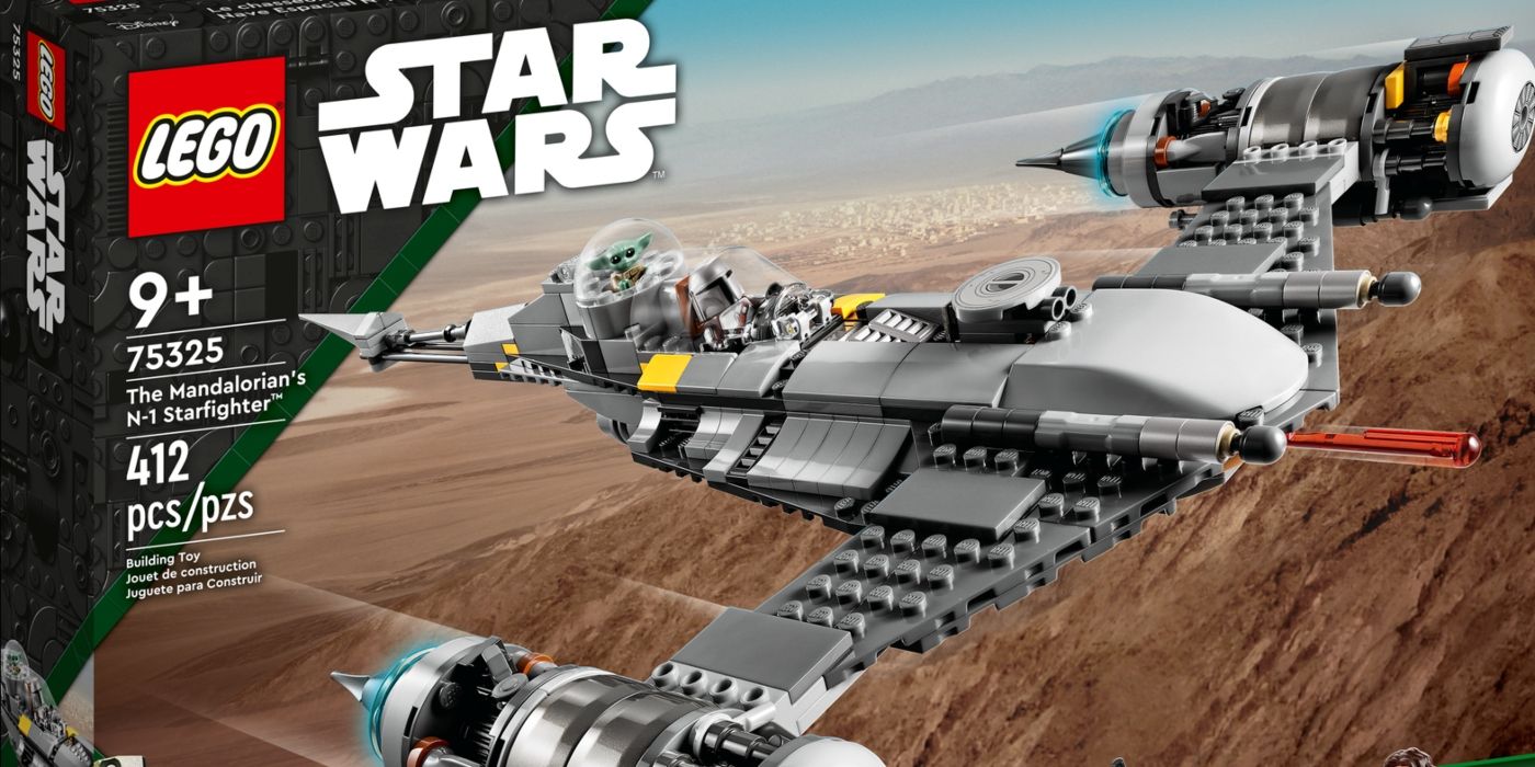 Din Djarin voando com Grogu no N-1 Starfighter The Mandalorian em Star Wars LEGO