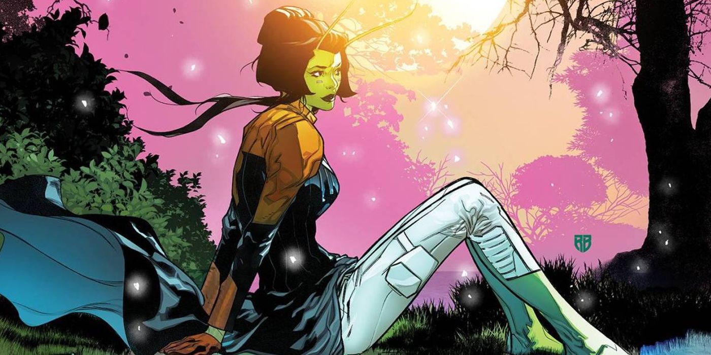 Mantis from the Guardians of the Galaxy sitting in a field in the comics