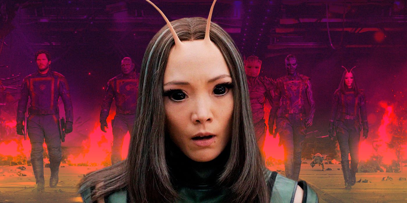 Mantis looks ahead and Guardians of the Galaxy walk behind her