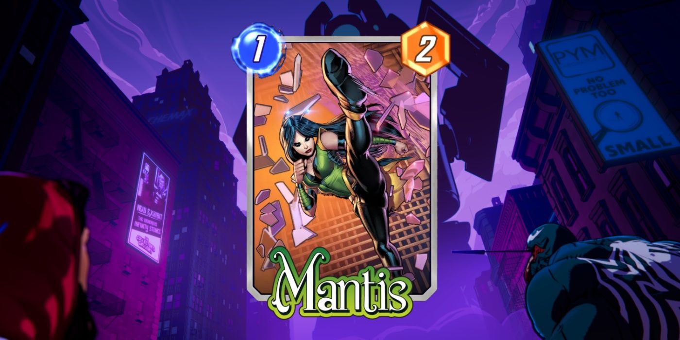 Cartão Marvel Snap do Mantis contra uma imagem promocional