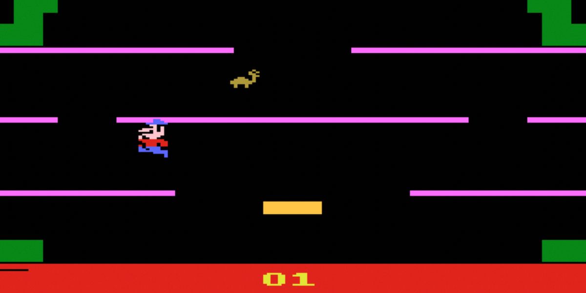 Mario jumps through pipes in Mario Bros. for the Atari 2600