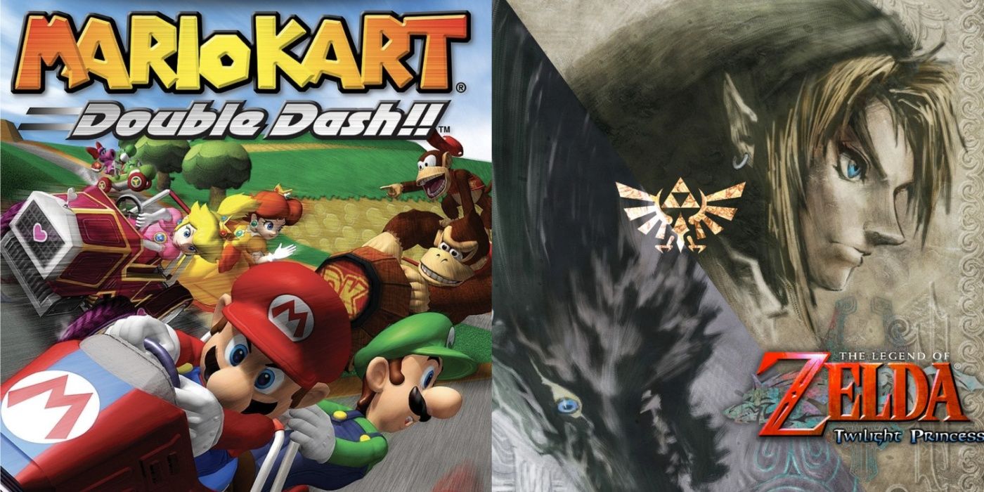 Split image of Mario Kart: Double Dash!! and The Legend of Zelda: Twilight Princess key art.