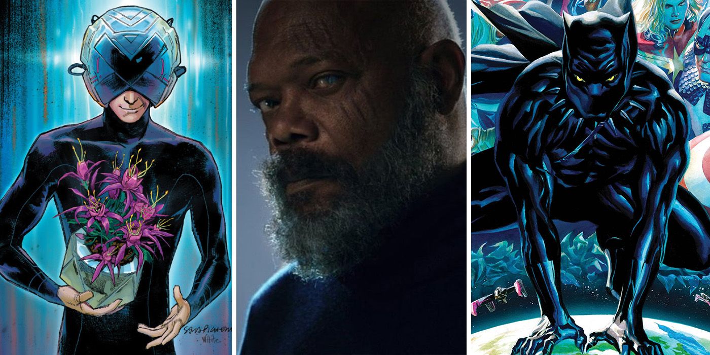 split image: Nick Fury in MCU Secret Invasion, Professor X and Black Panther in Marvel comics