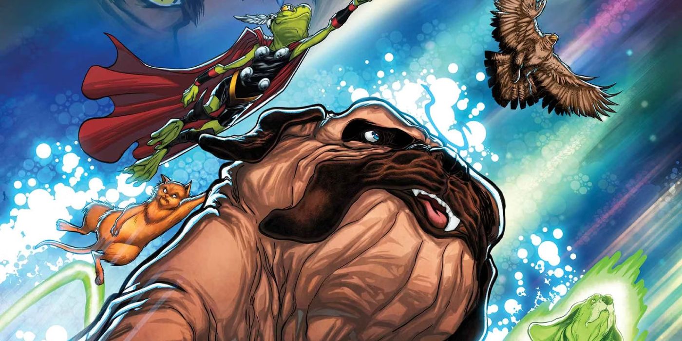 Lockjaw and fellow Pet Avengers Throg, Redwing, Chewie and Bats on the cover for Marvel Unleashed #1