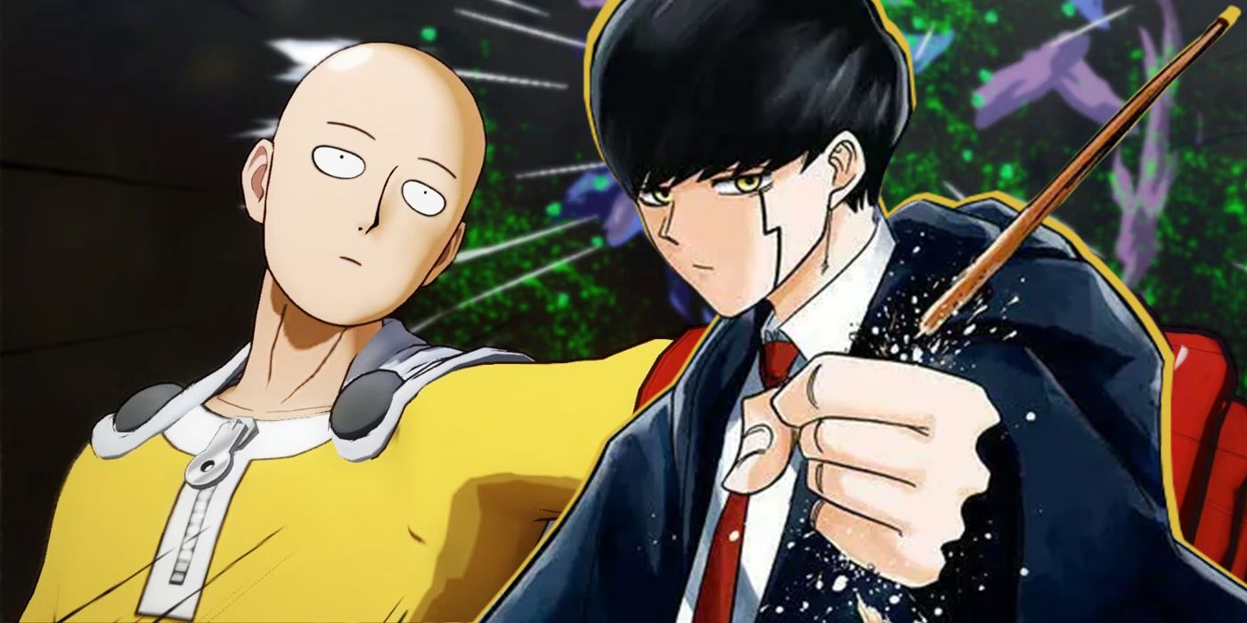 Mash from Mashle holding a wand next to Saitama from One-Punch Man