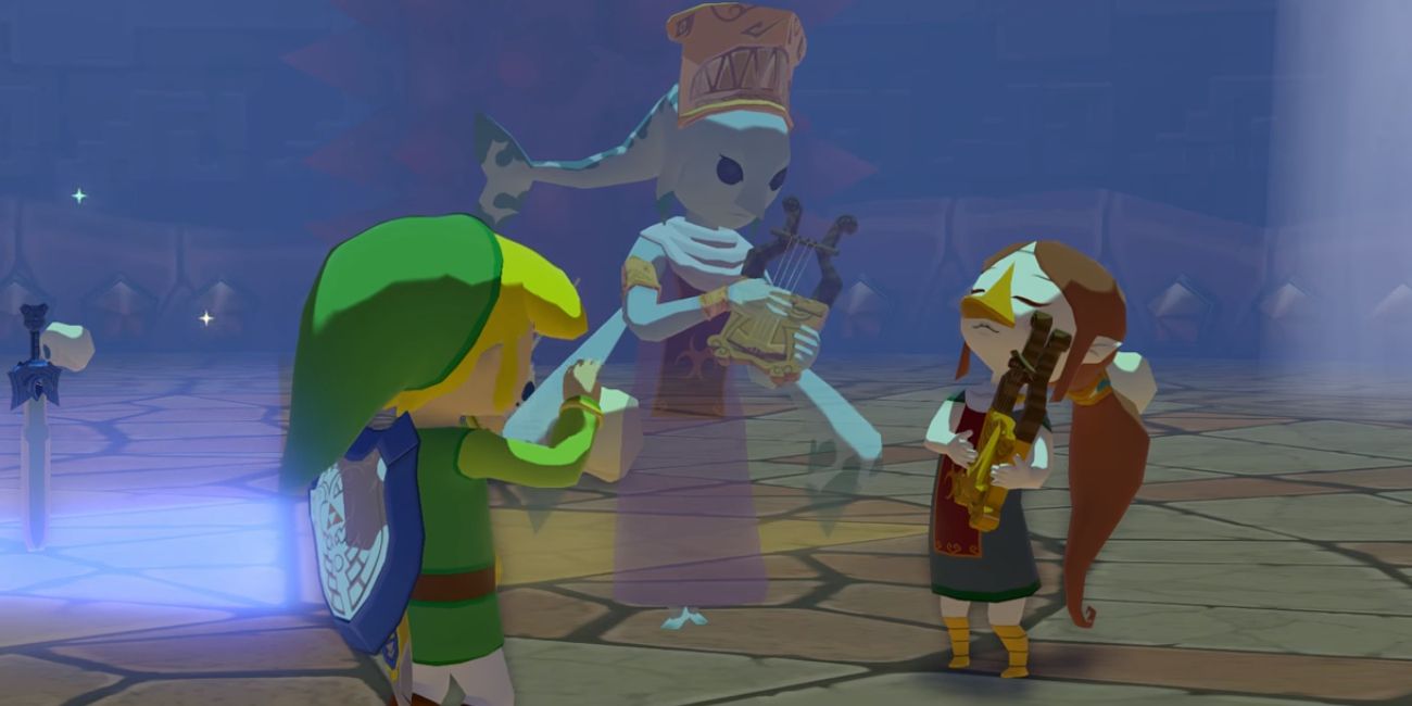 Link observa Medli enquanto ela toca sua harpa com o espírito de seu ancestral Laruto em The Legend of Zelda The Wind Waker