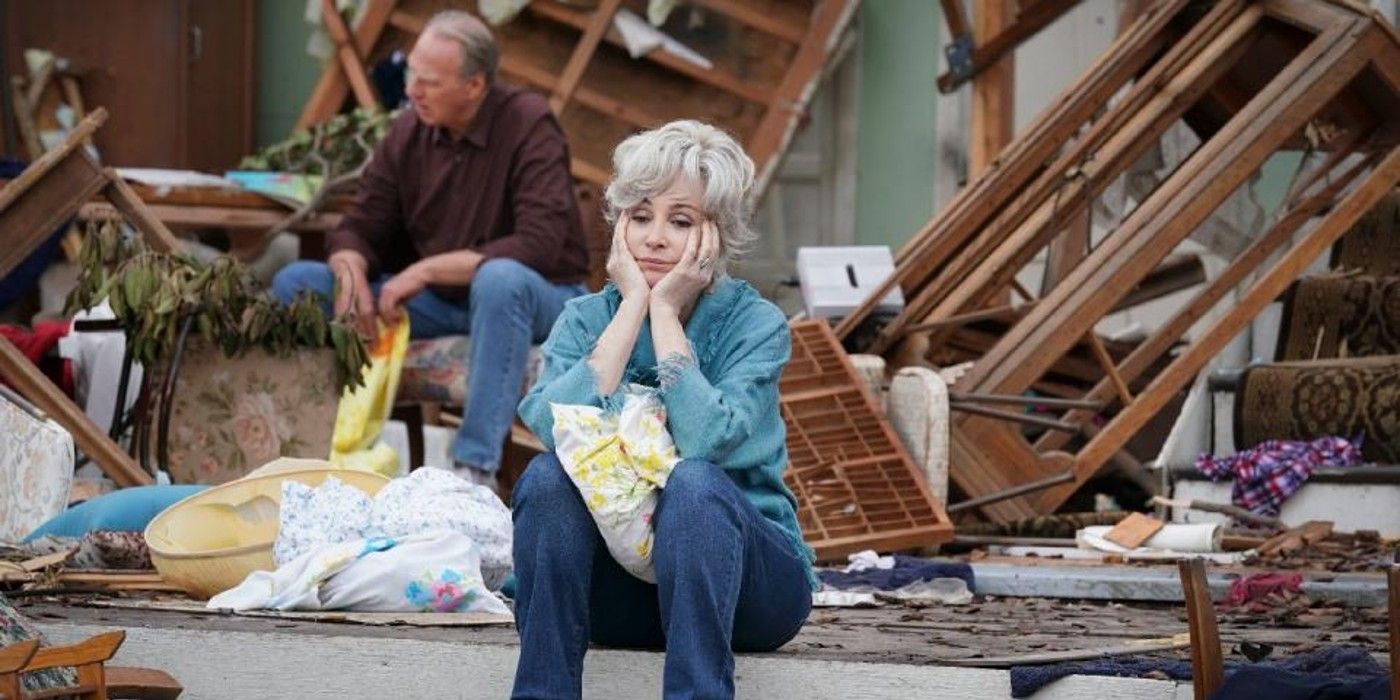 Meemaw sits sadly after her house was destroyed on Young Sheldon