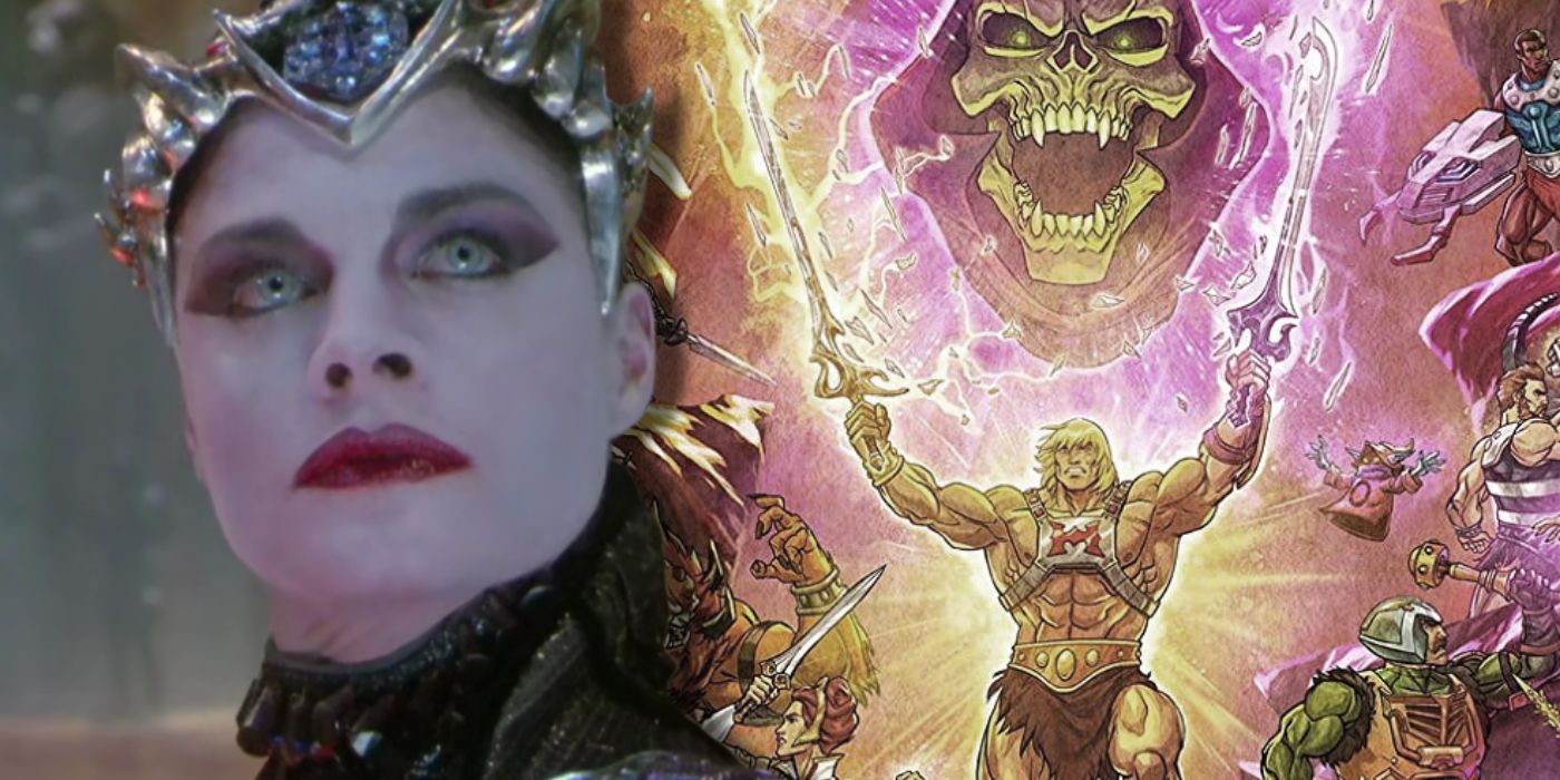 Meg Foster as Evil-Lyn from Masters of the Universe (1987) next to key art from Masters of the Universe: Revelation