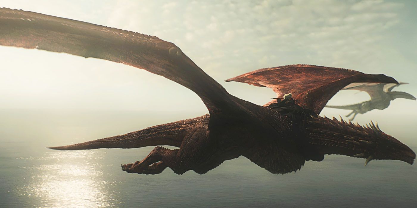 Princess Rhaenys Targaryen (Eve Best) rides her dragon Meleys, the Red Queen.