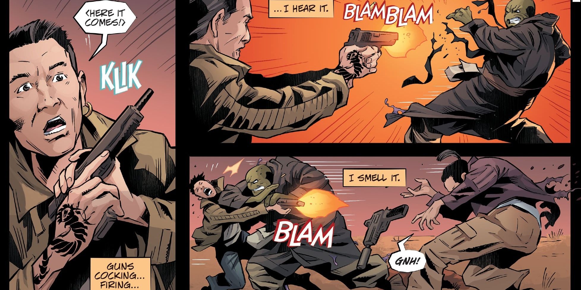 Michelangelo luta contra inimigos enquanto desvia de tiros em Teenage Mutant Ninja Turtles The Last Ronin - The Lost Years #3