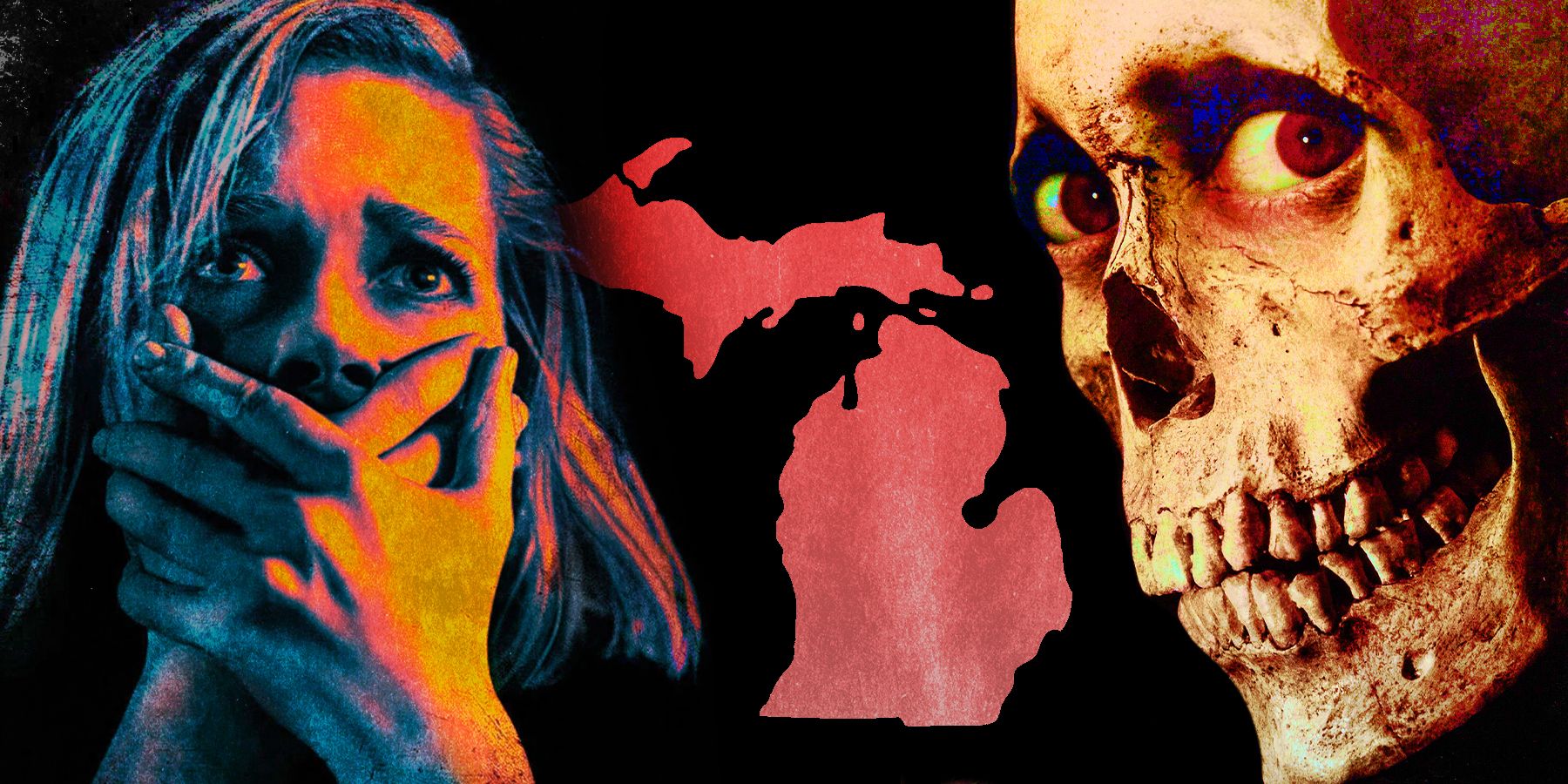 The State of Michigan with Jane Levy as Rocky and the Skull from the cover of Evil Dead II