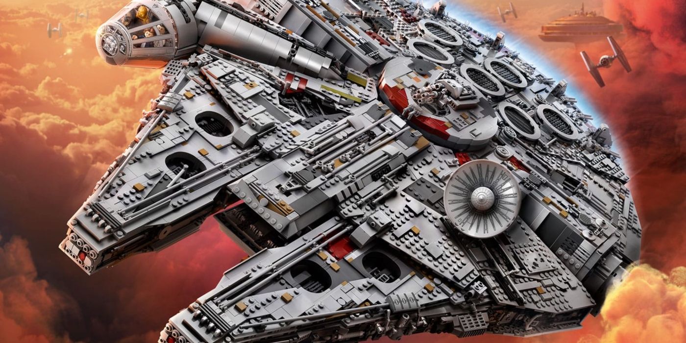 Arte da caixa do conjunto Millennium Falcon Star Wars voando para longe dos caças TIE.