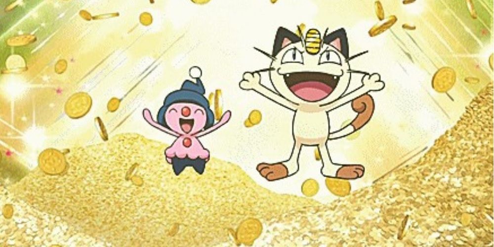 Mime Jr. e Meowth pulando uma pilha de moedas de ouro, presumivelmente Pokedollars.