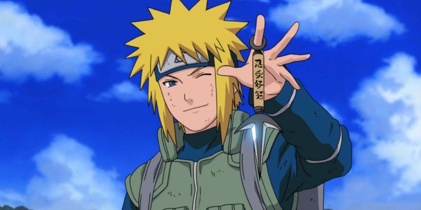 Minato winking as he holds up his three-pronged Flying Thunder God kunai.