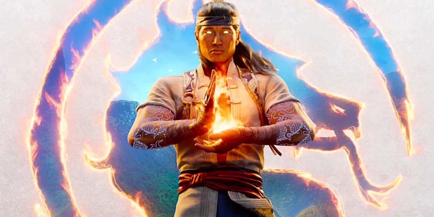 Fire God Liu Kang holds flames in his hands with the Mortal Kombat dragon behind him