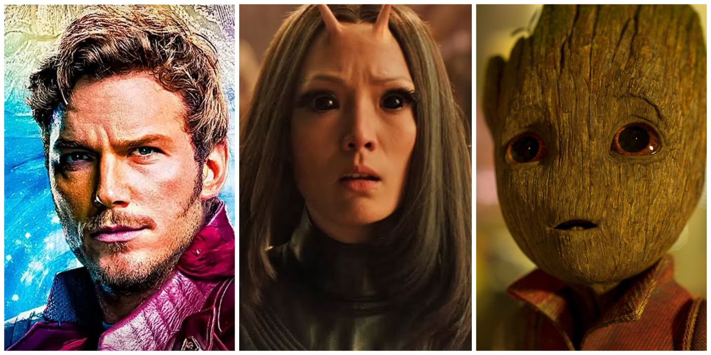 Split image of Star-Lord/Peter Quill, Mantis, and Baby Groot in Guardians of the Galaxy/GotG.