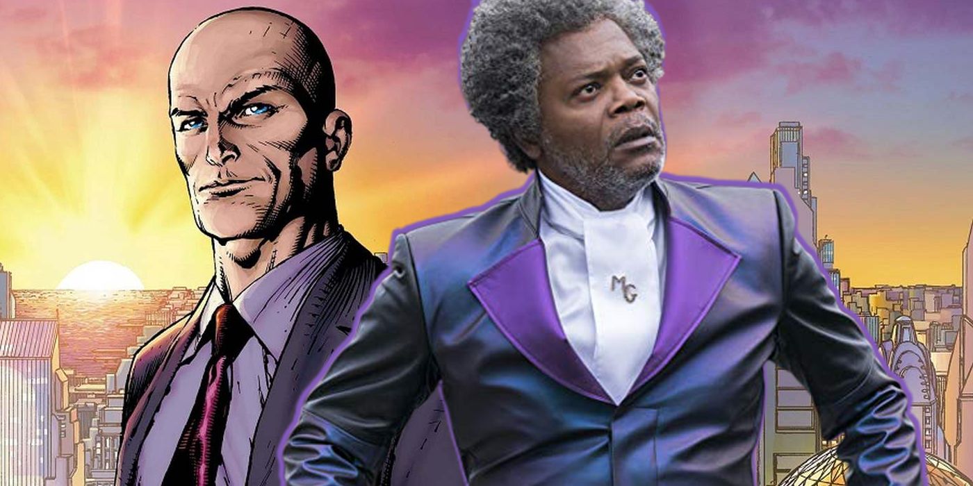 Mr Glass in a purple suit in front of Lex Luthor in DC Comics.