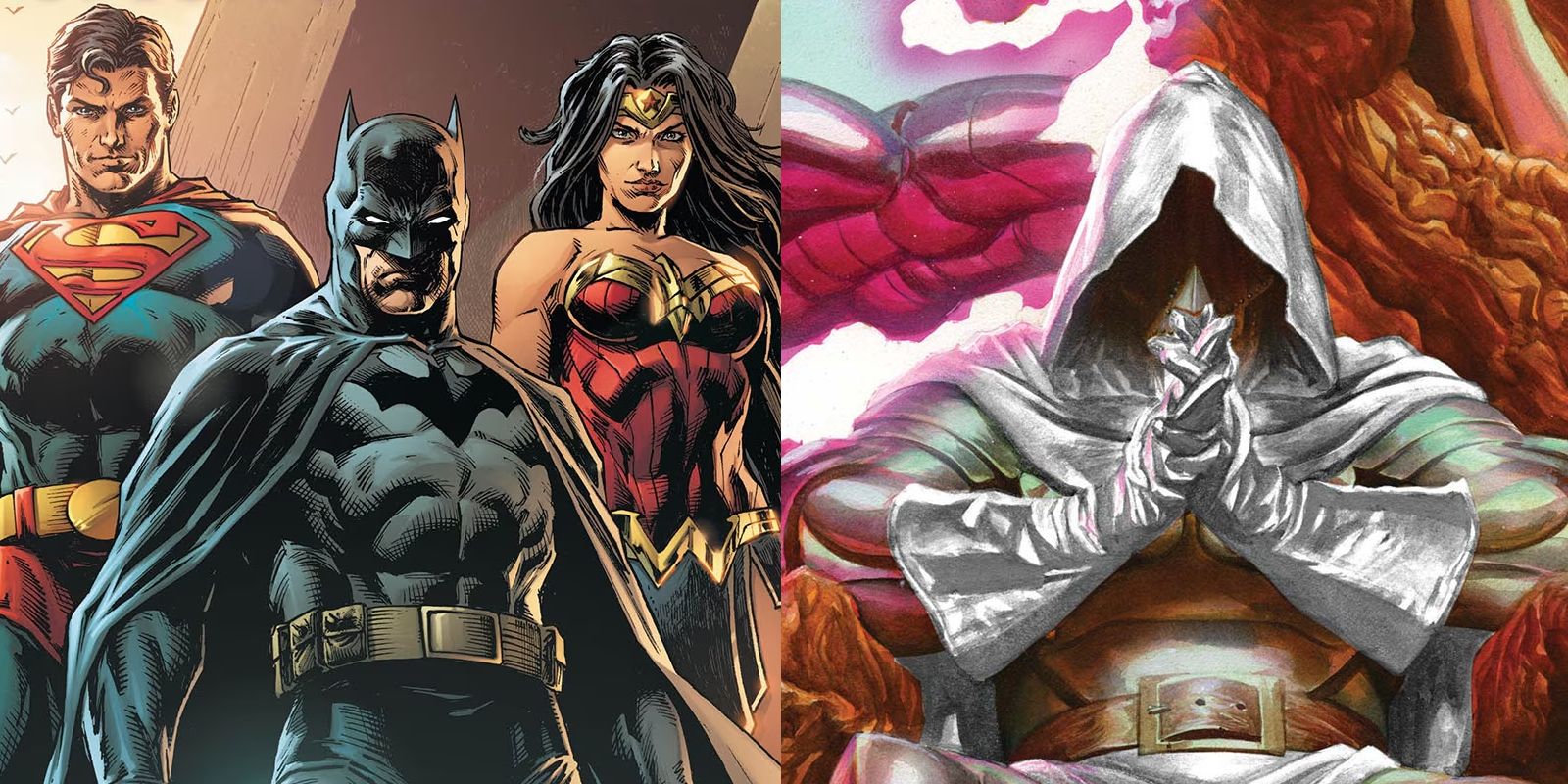 Split Image: Superman, Batman, and Wonder Woman in DC Rebirth; Doctor Doom in Secret Wars