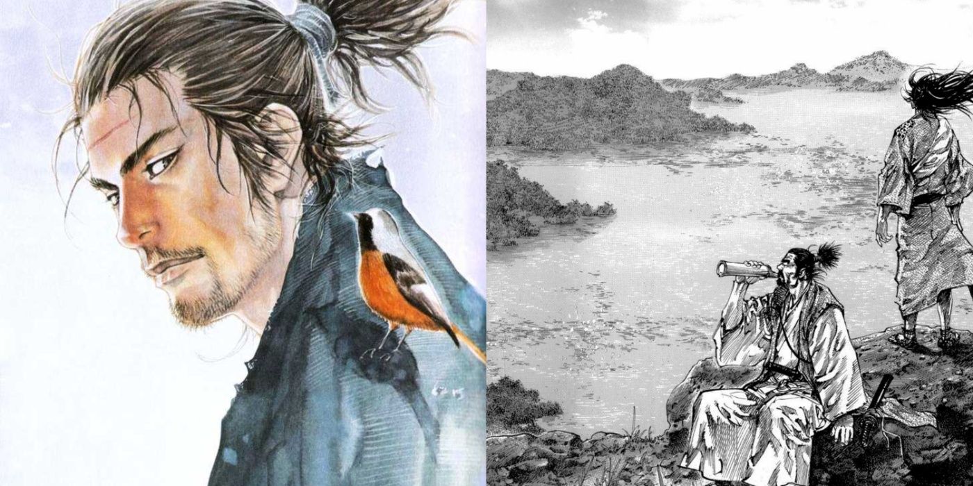 Split image of Musashi with a bird perched on him and Ittosai with Kojiro overlooking the landscape.