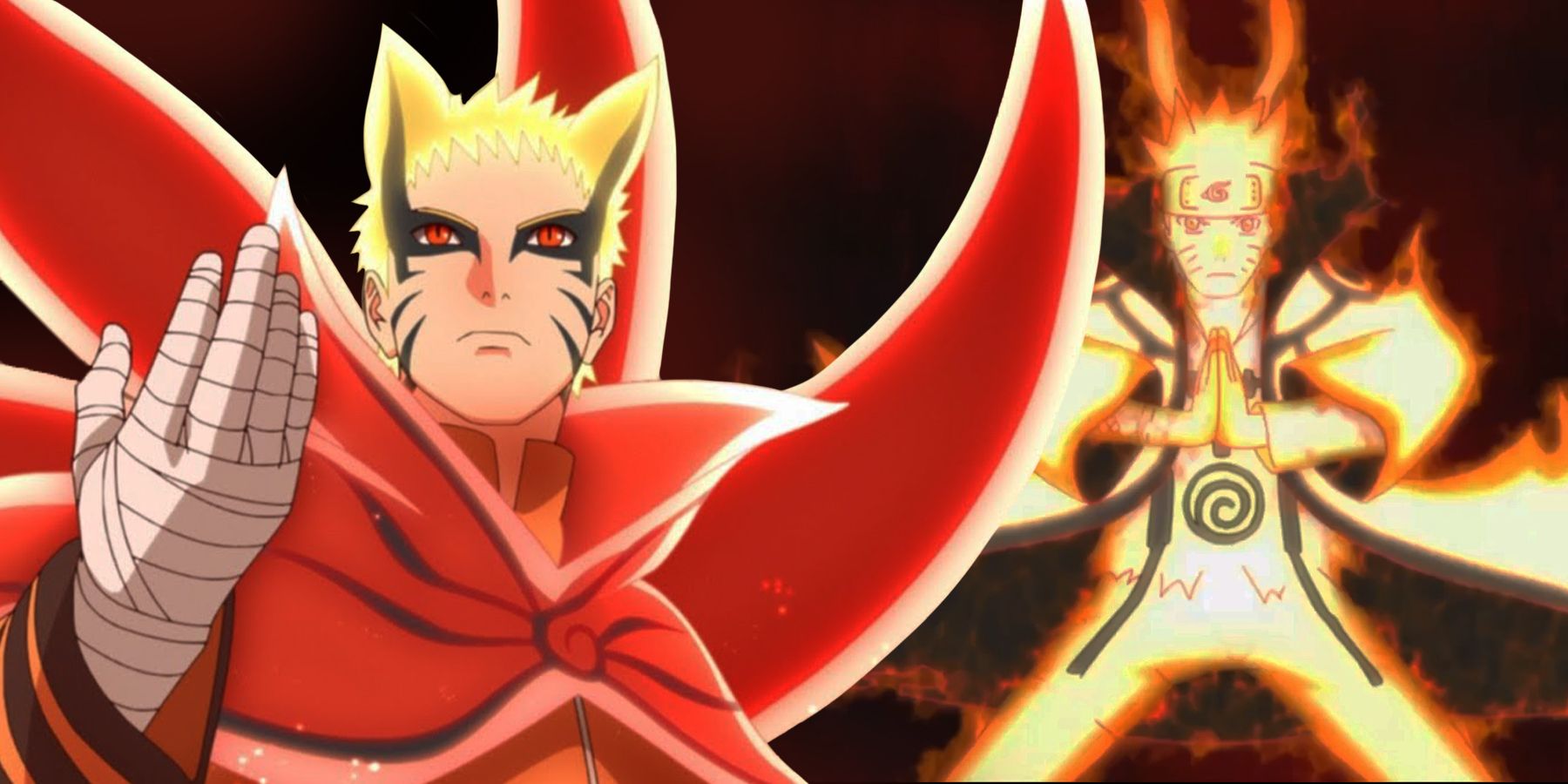 Naruto in his Nine Tails Chakra mode and Baryon mode from the anime Naruto