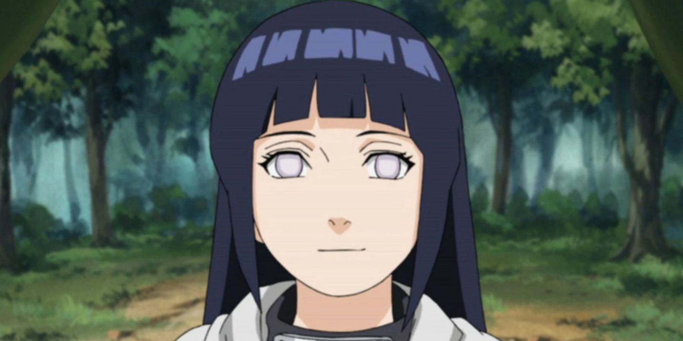 Hinata with a small smile with a forest background
