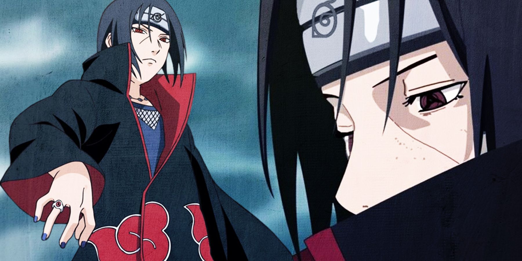 A split-image of Itachi Uchiha, on the left in battle, on the right in contemplation