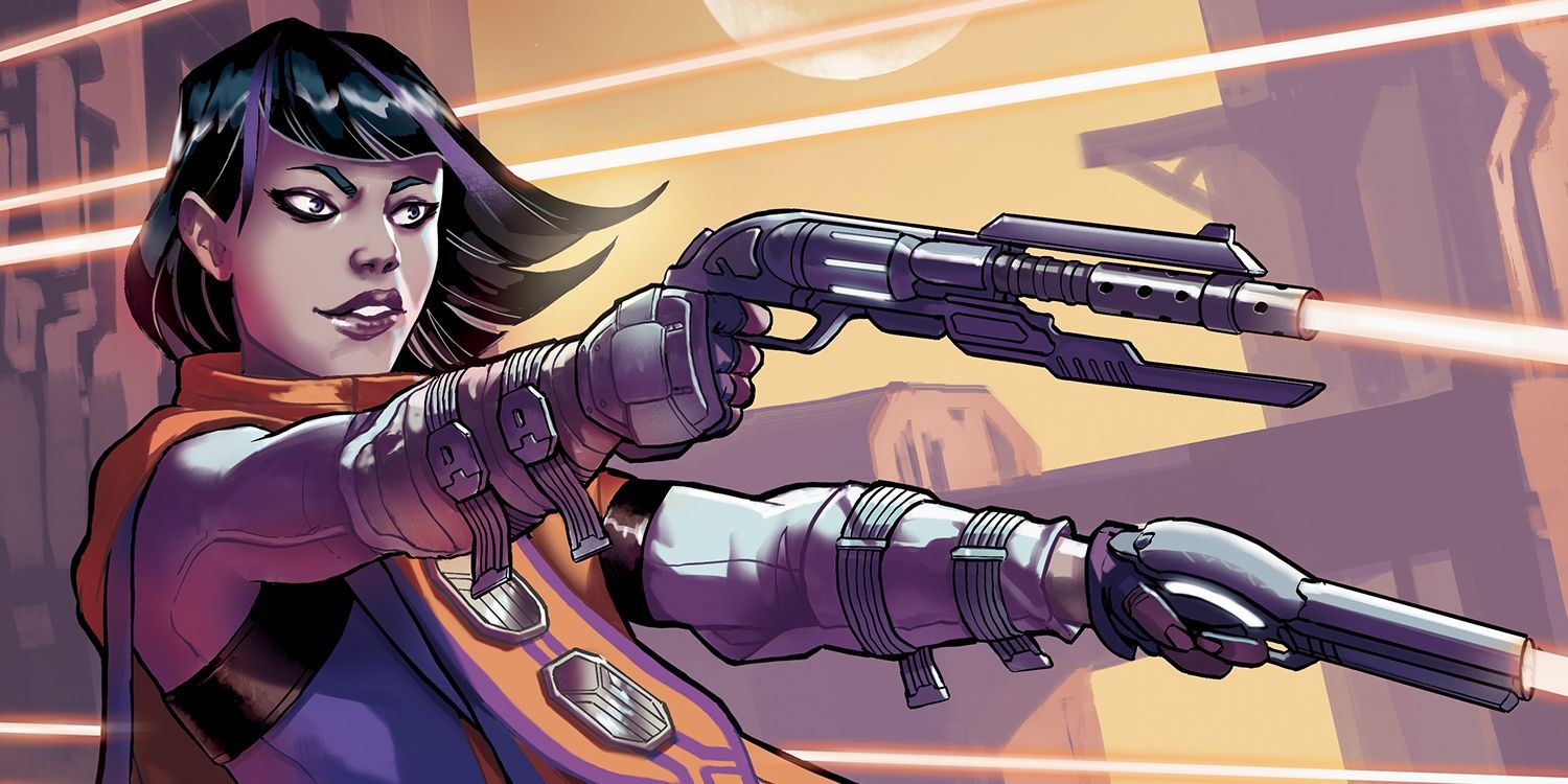 Navasi firing weapons in Cover A of Starfinder Angels of the Drift #1