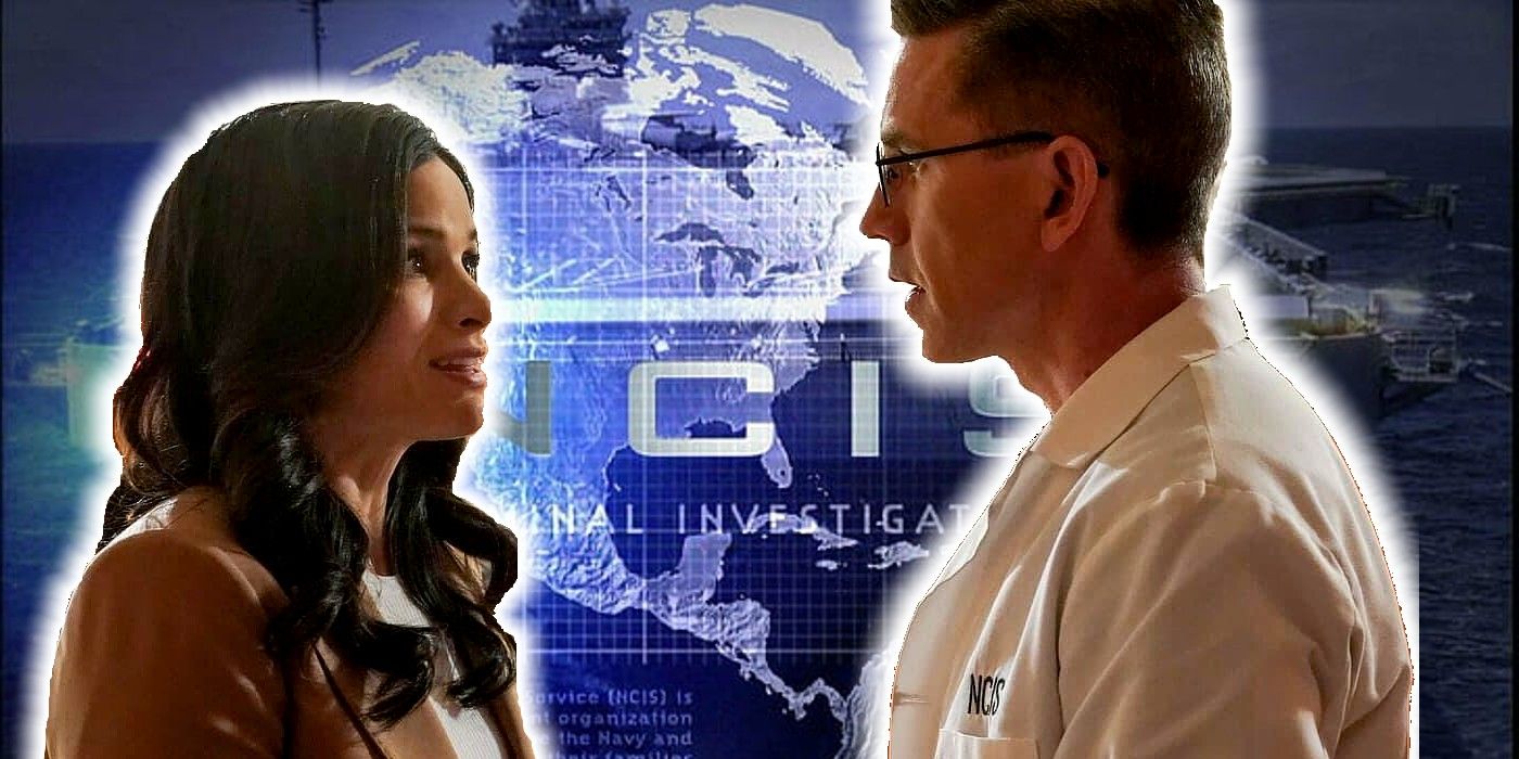 NCIS' Palmer and Knight stare at each other lovingly in front of the NCIS logo