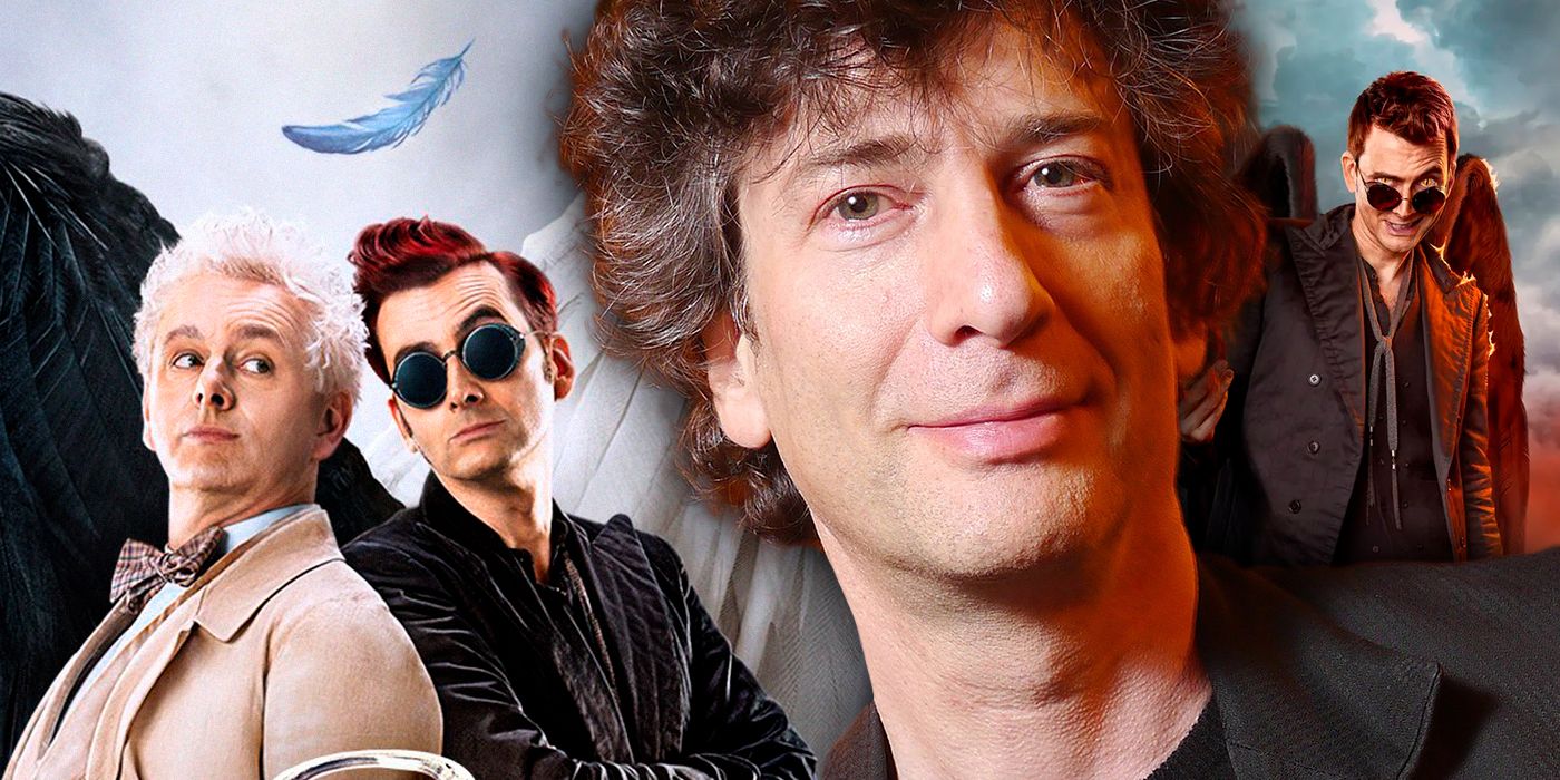 Neil Gaiman and the main characters from Good Omens, Crowley and Aziraphale