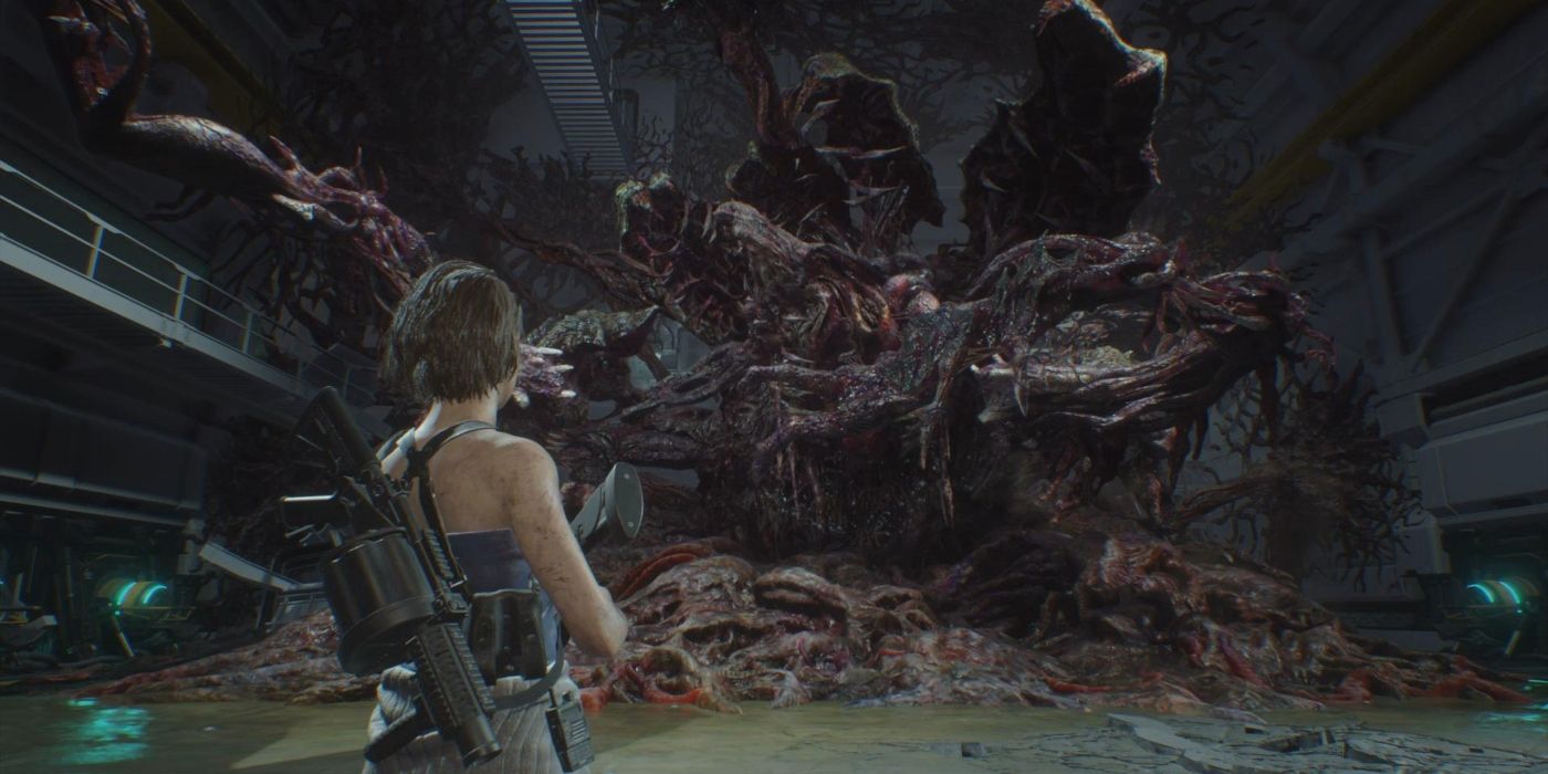 Jill Valentine lutando contra a forma final de Nemesis em Resident Evil 3