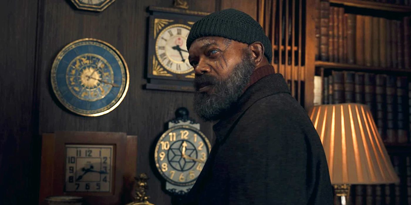 Samuel L. Jackson stands in front of clocks for his return as Nick Fury in Secret Invasion.