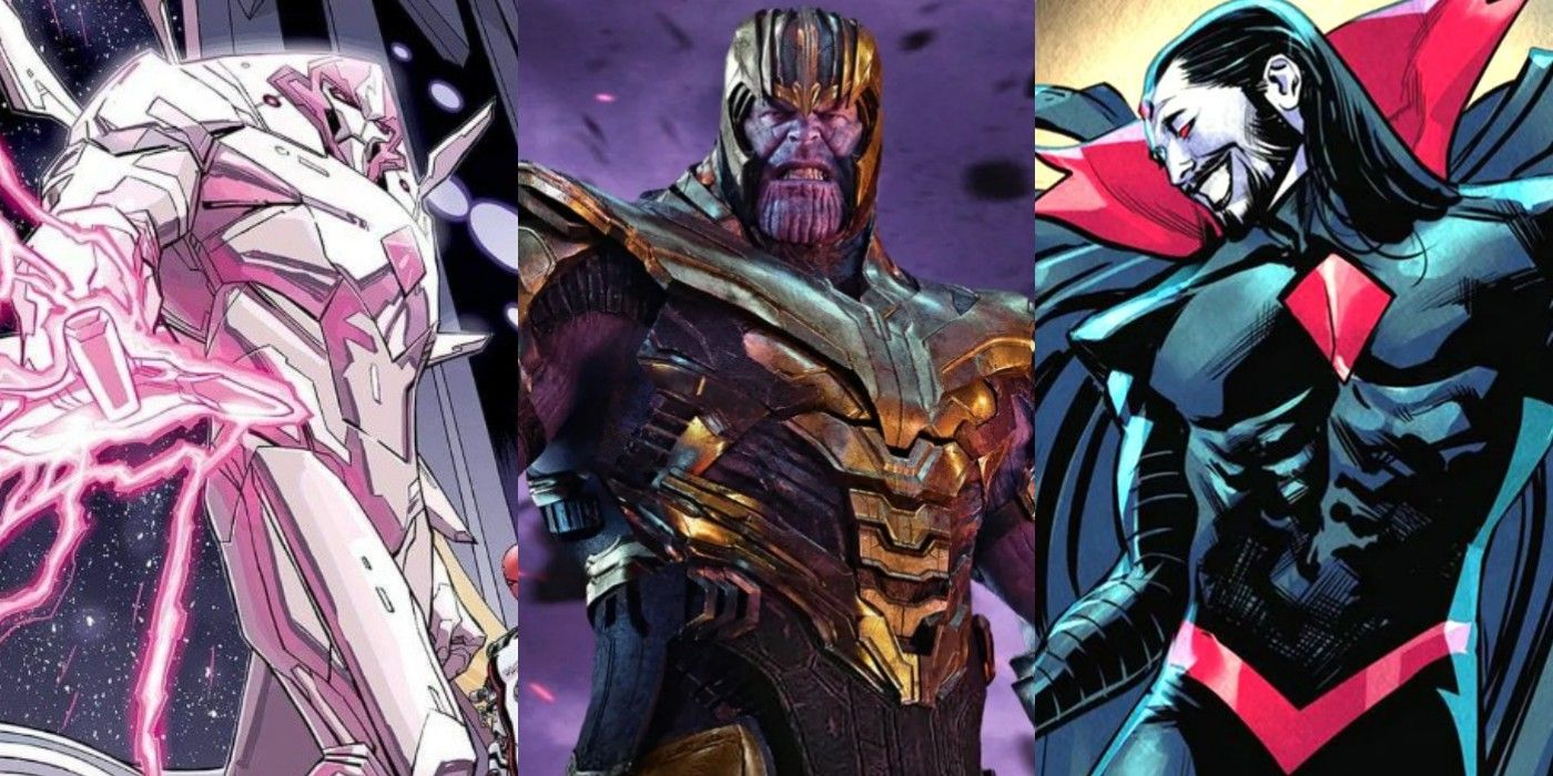 A split image of Marvel Villains Nimrod (comics), Thanos (MCU), and Mister Sinister (comics)