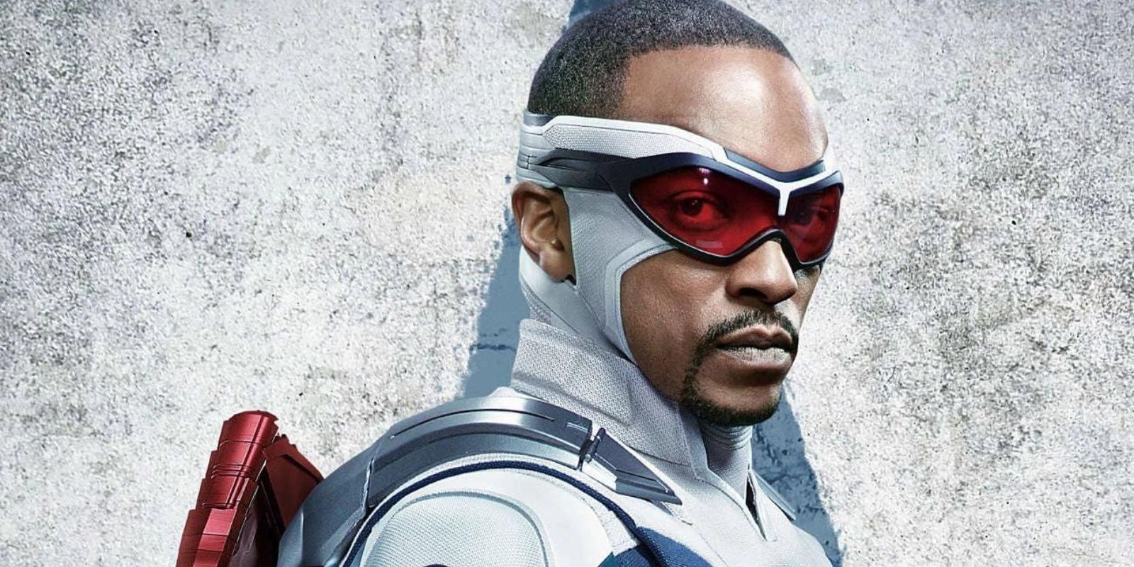 Sam Wilson (Anthony Mackie) as Captain America looking into the camera