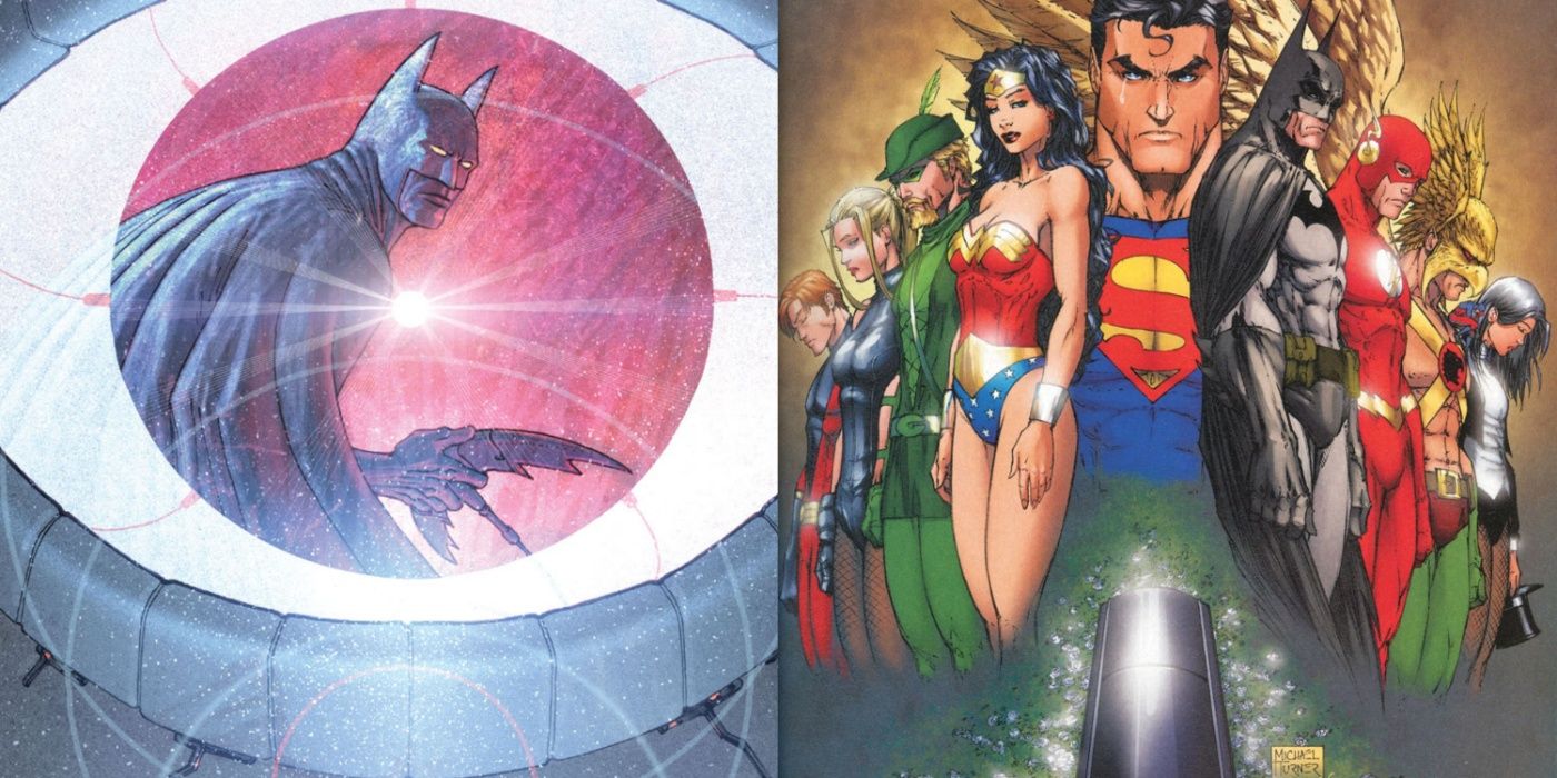 Split image of Batman in Brother Eye and the Justice League in and Identity Crisis.