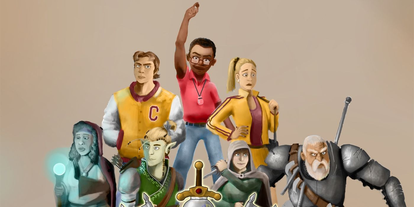The Once and Future Nerd keyart showing 7 people dressed as high school students and fantasy characters