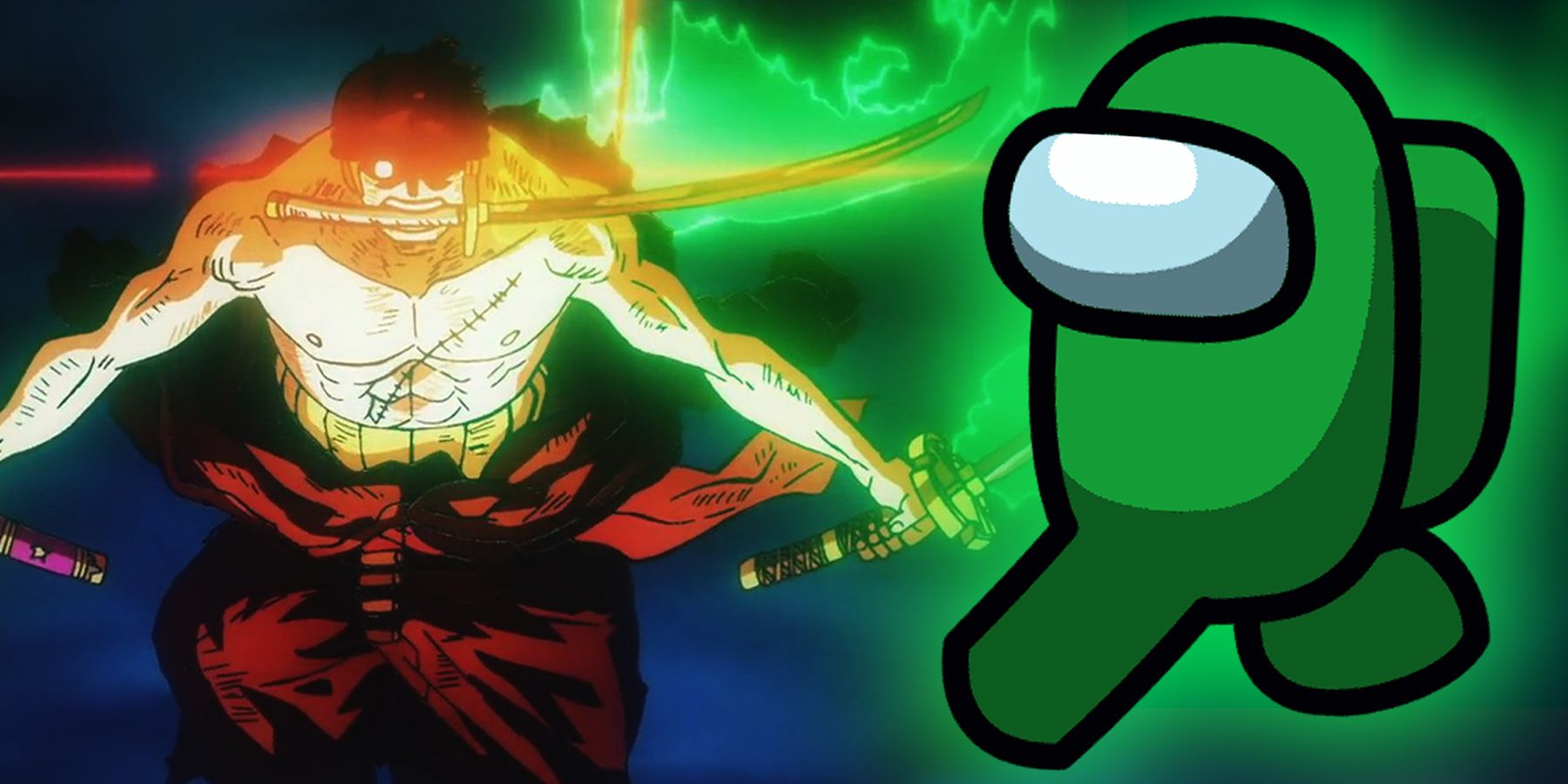 Roronoa Zoro using his King of Hell sword style in anime One Piece and a green crewmate from game Among Us