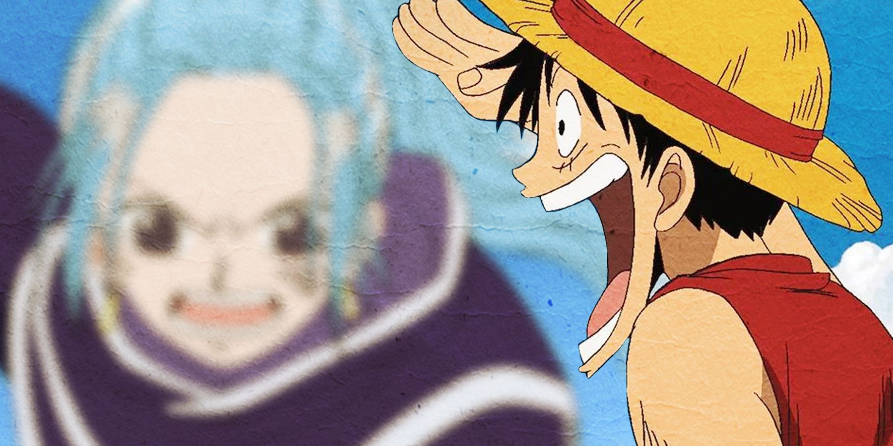 One Piece's Luffy in the foreground and Vivi fighting in the background