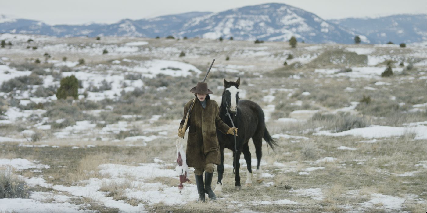 Cowboy leads a horse through a field