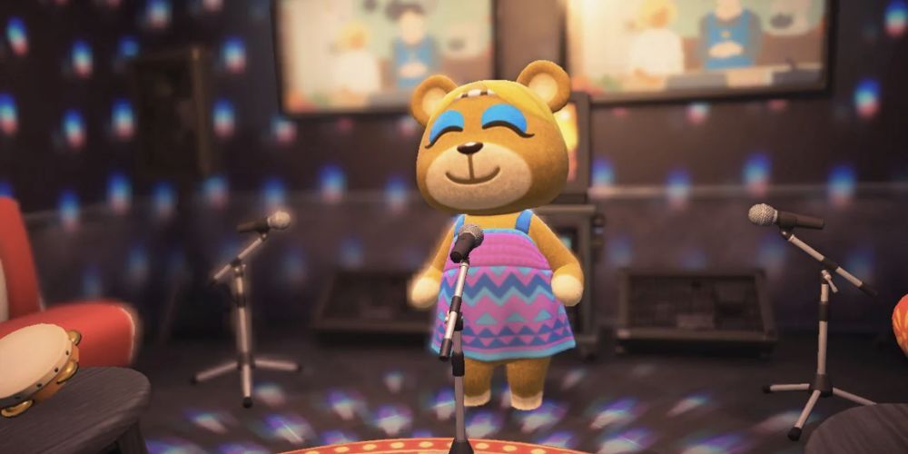 Paula Bear villager singing in Animal Crossing_ New Horizons