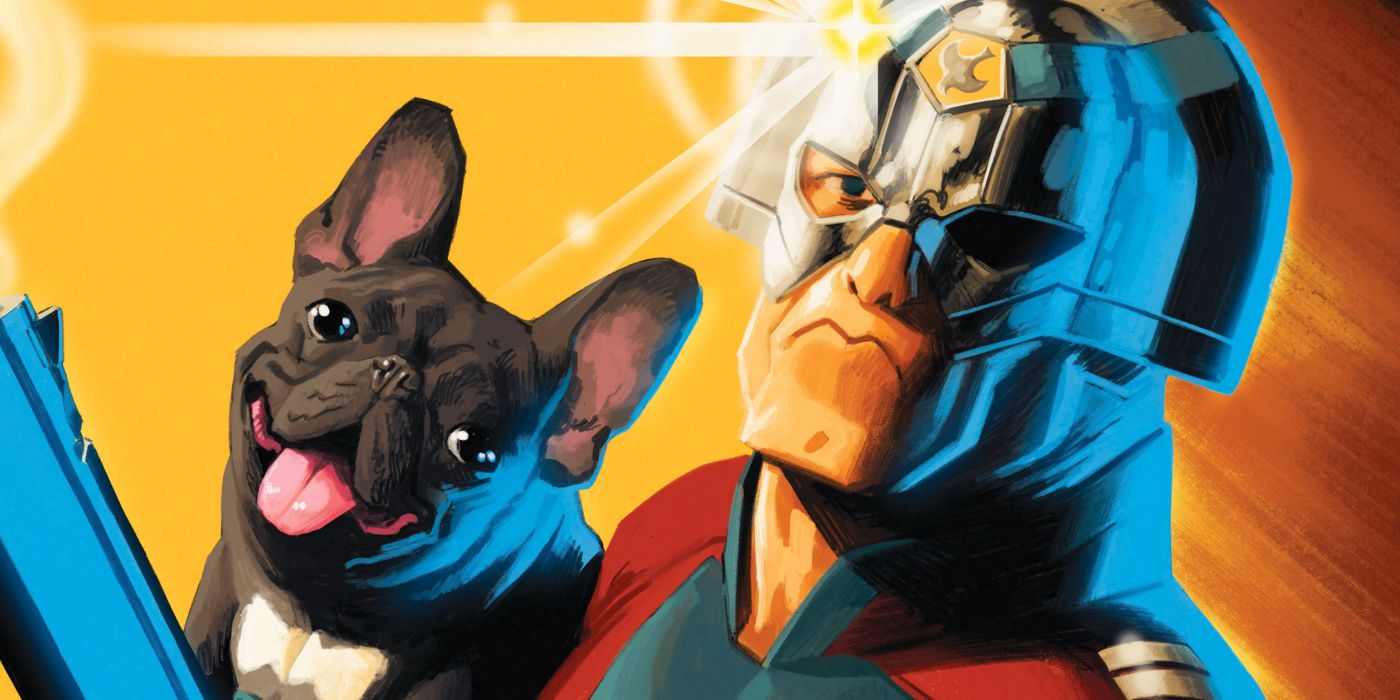 Peacemaker holds his pet puppy, Bruce Wayne, in DC Comics' Peacemaker Tries Hard! #1